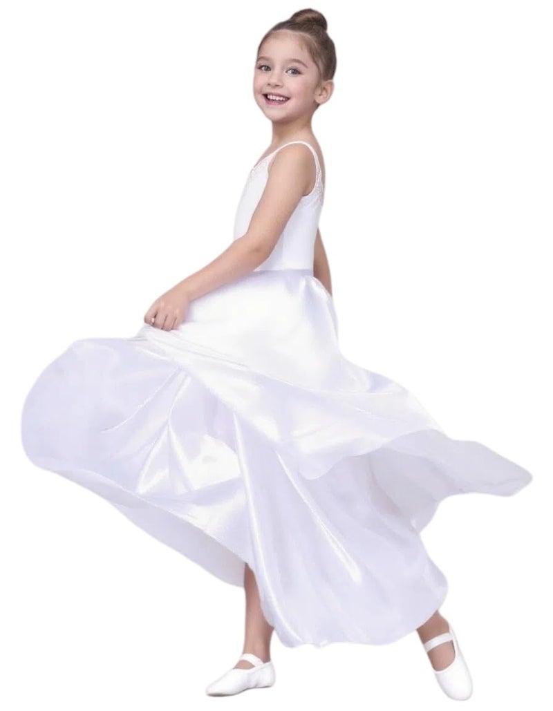 Sancan Girls Belly Latin Dance Skirt - Elastic Waist Ankle Length Full Flowy Circle Dancewear for Dance Practice Training (US, Age, 8 Years, 12 Years, White) - Image 3